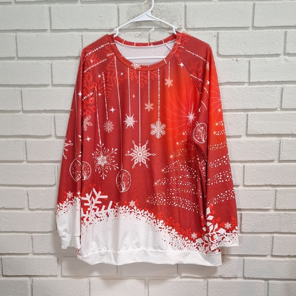 Holiday  Red and White Snowflake Longsleeve Top. Size  1X-2X See Measurements